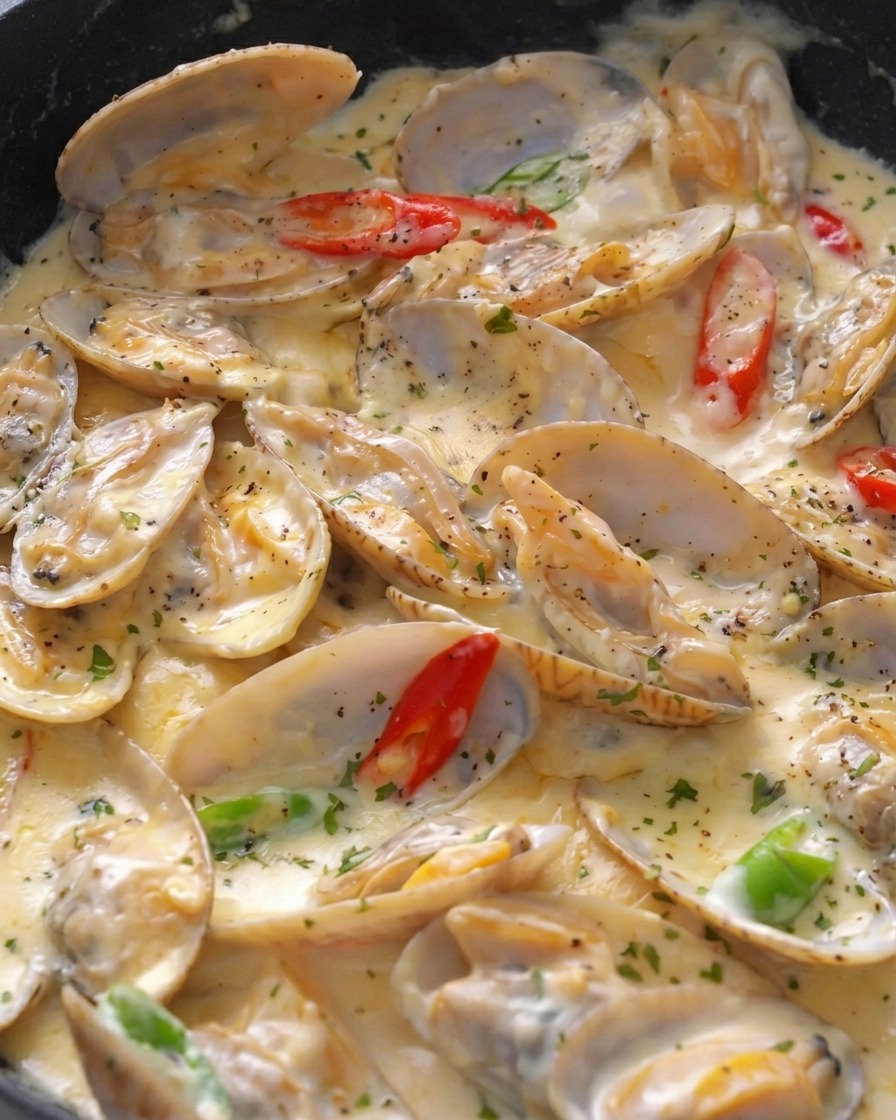 Sartén de almejas burbujeantes decorada con chiles y perejil fresco picado.