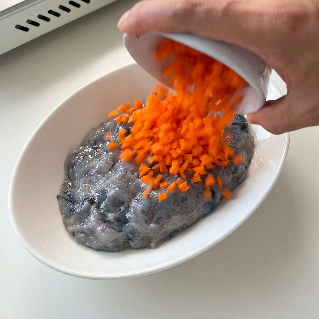 Zanahoria picada vertiéndose desde un cuenco blanco sobre la pasta de gambas cruda.