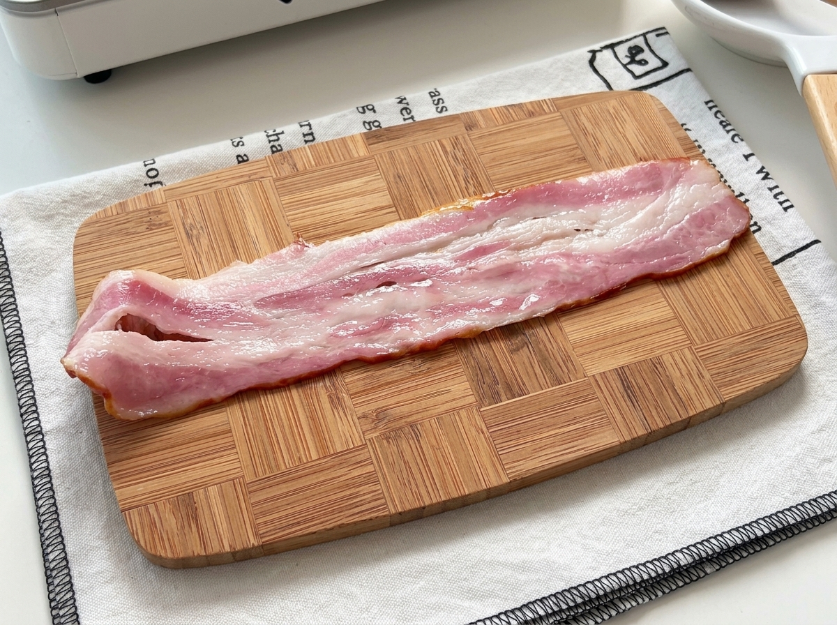 Una tira de bacon crudo extendida sobre una tabla de cortar de madera.