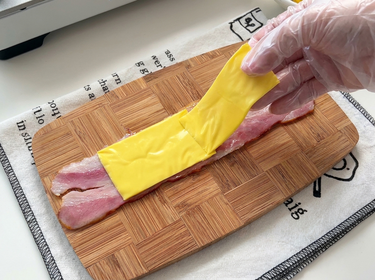 Una mano con guante colocando una loncha de queso amarillo sobre la tira de bacon.