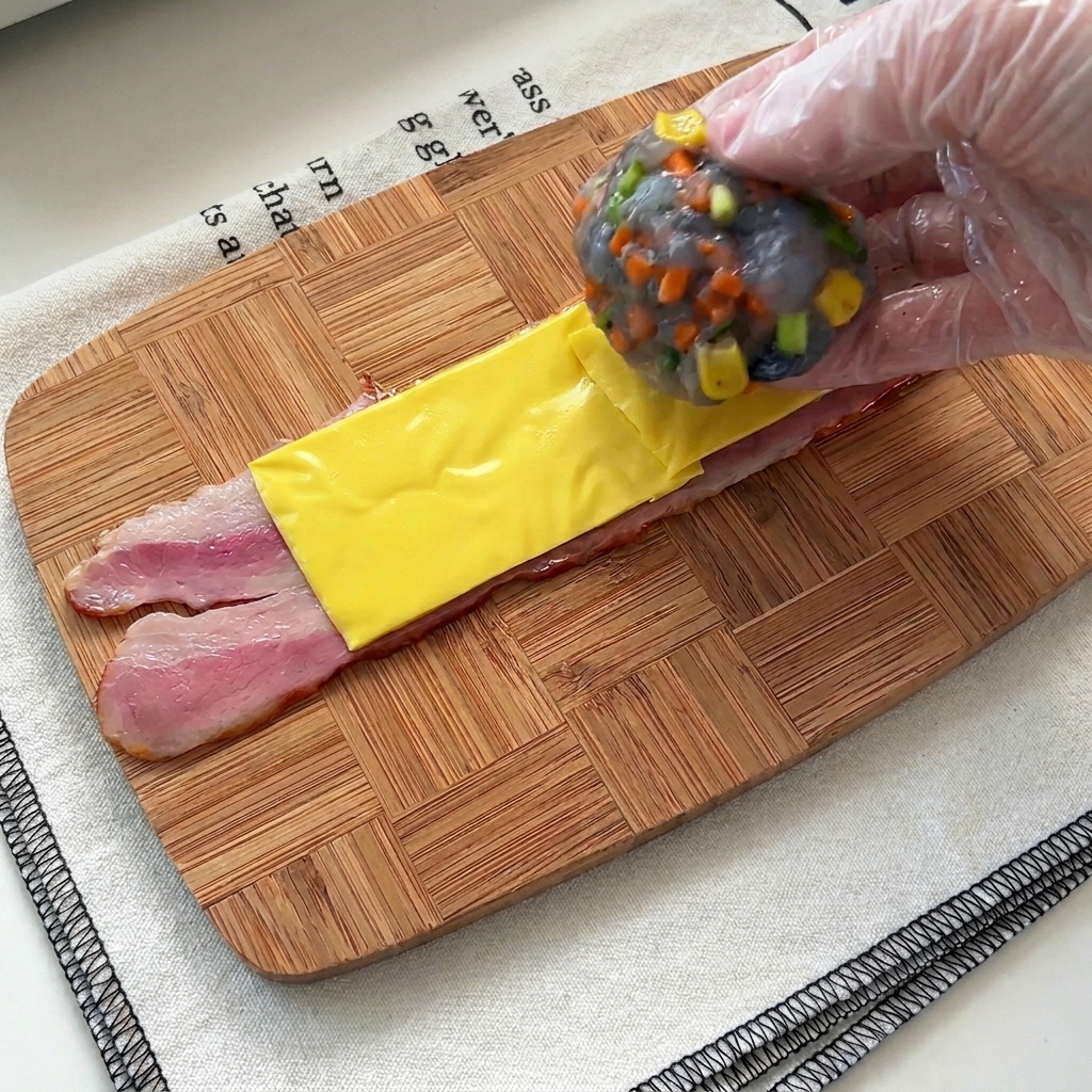 Una mano colocando una porción de relleno de gambas sobre el queso y el bacon.
