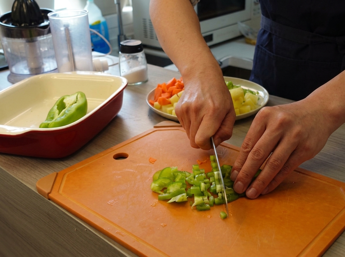Manos usando un cuchillo para picar un pimiento verde en trozos pequeños sobre una tabla de cortar naranja.