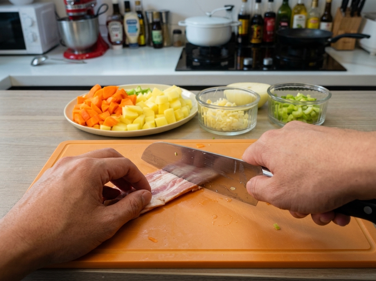 Manos usando un cuchillo de chef para cortar tiras de tocino crudo en trozos pequeños sobre una tabla de cortar naranja, con platos de verduras preparadas de fondo.