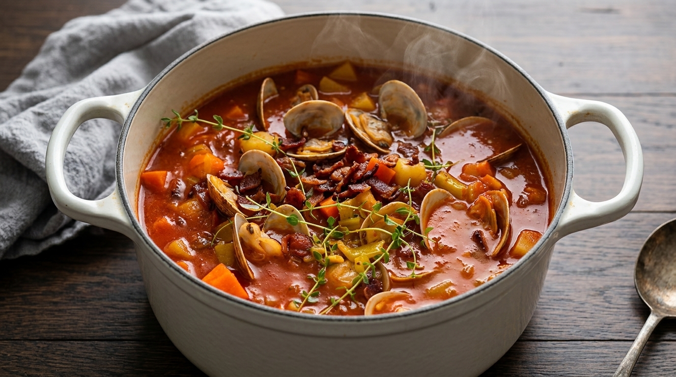 Una olla humeante de sopa de almejas estilo Manhattan, coronada con almejas abiertas, trocitos de tocino crujiente y tomillo fresco.