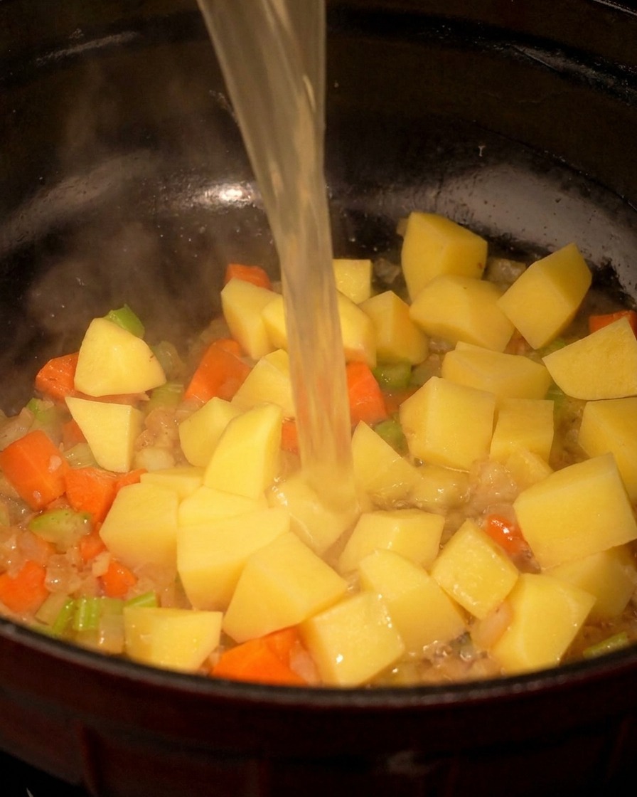 Caldo de pollo transparente siendo vertido en una olla negra llena de papas, zanahorias, apio y cebollas en cubos.