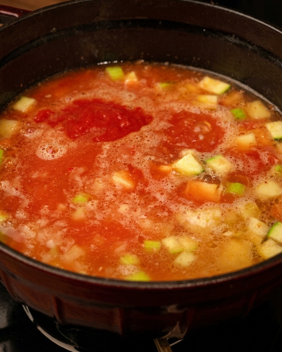 Una cucharada de puré de tomate rojo descansando sobre una olla llena de caldo de pollo y verduras picadas.
