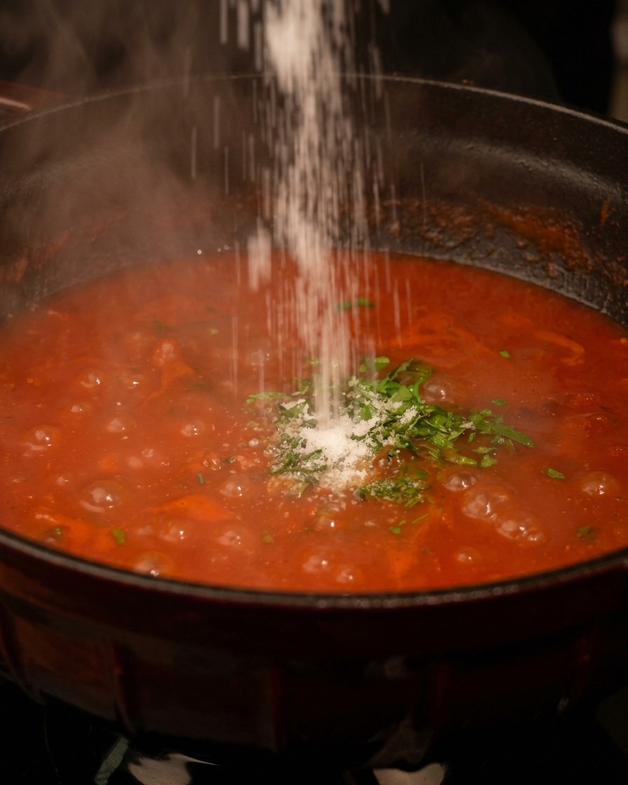 Sal siendo espolvoreada desde arriba en una olla humeante de sopa de tomate roja adornada con hierbas verdes frescas.