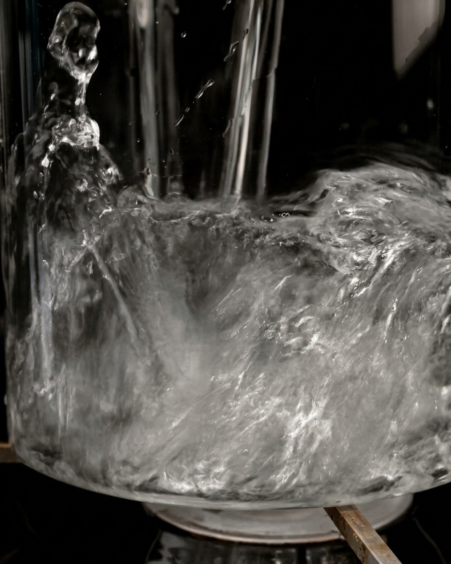 Agua salpicando en una olla de cristal transparente sobre un fondo oscuro, mostrando gran movimiento y burbujas.