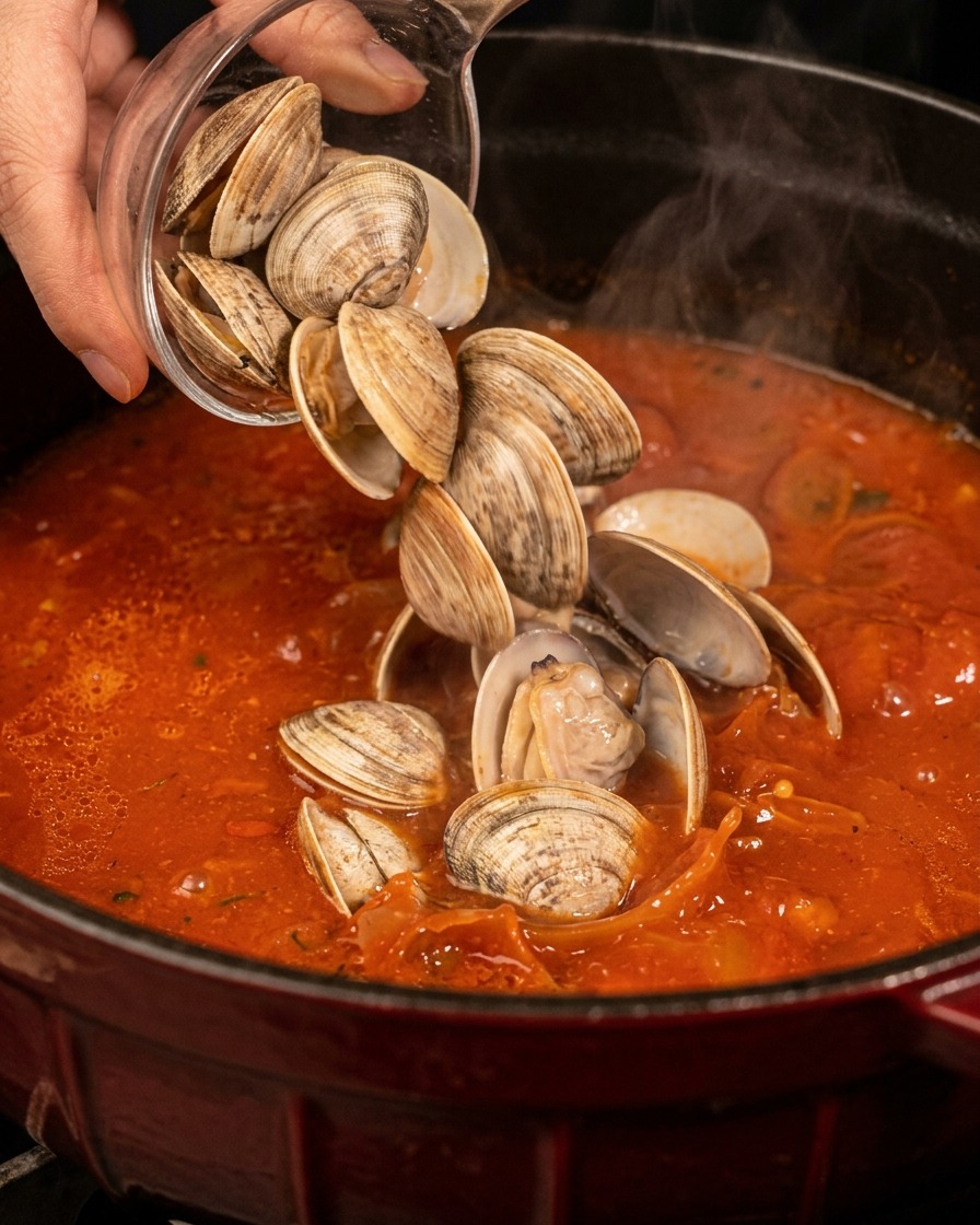 Una mano vertiendo almejas cocidas en sus conchas desde un recipiente de cristal transparente en una sopa vibrante de tomate hirviendo a fuego lento en una gran olla de hierro fundido.