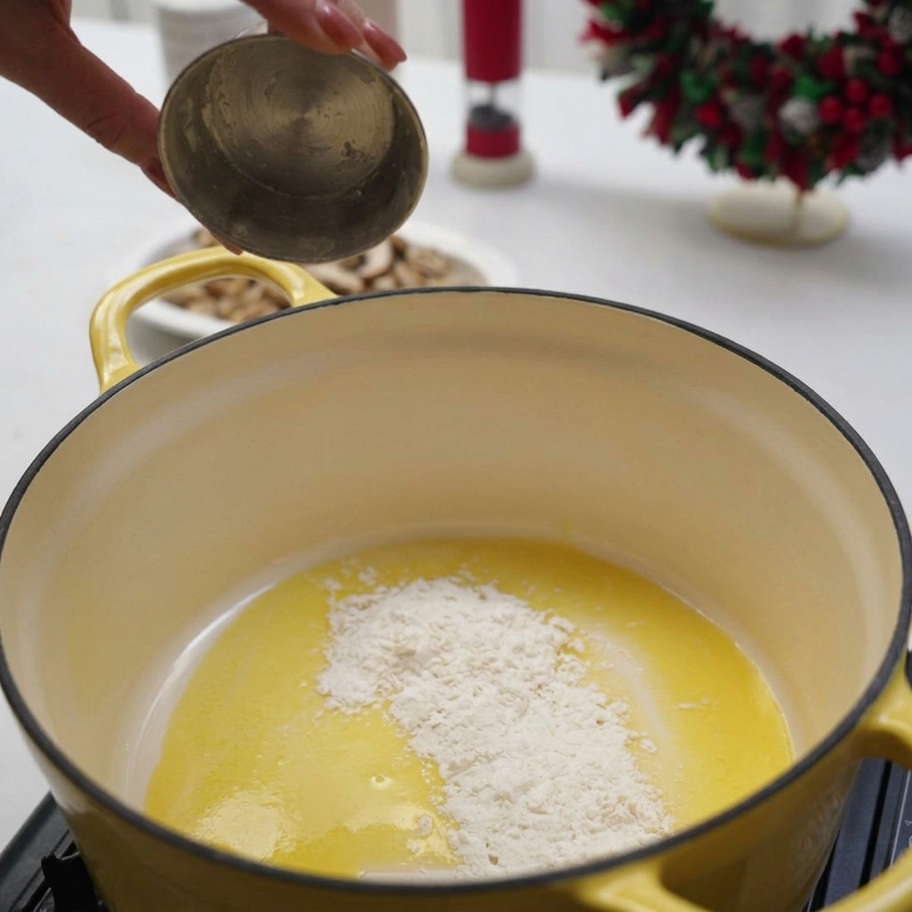 Harina siendo añadida desde una taza metálica a la mantequilla derretida en una olla amarilla para crear un roux.