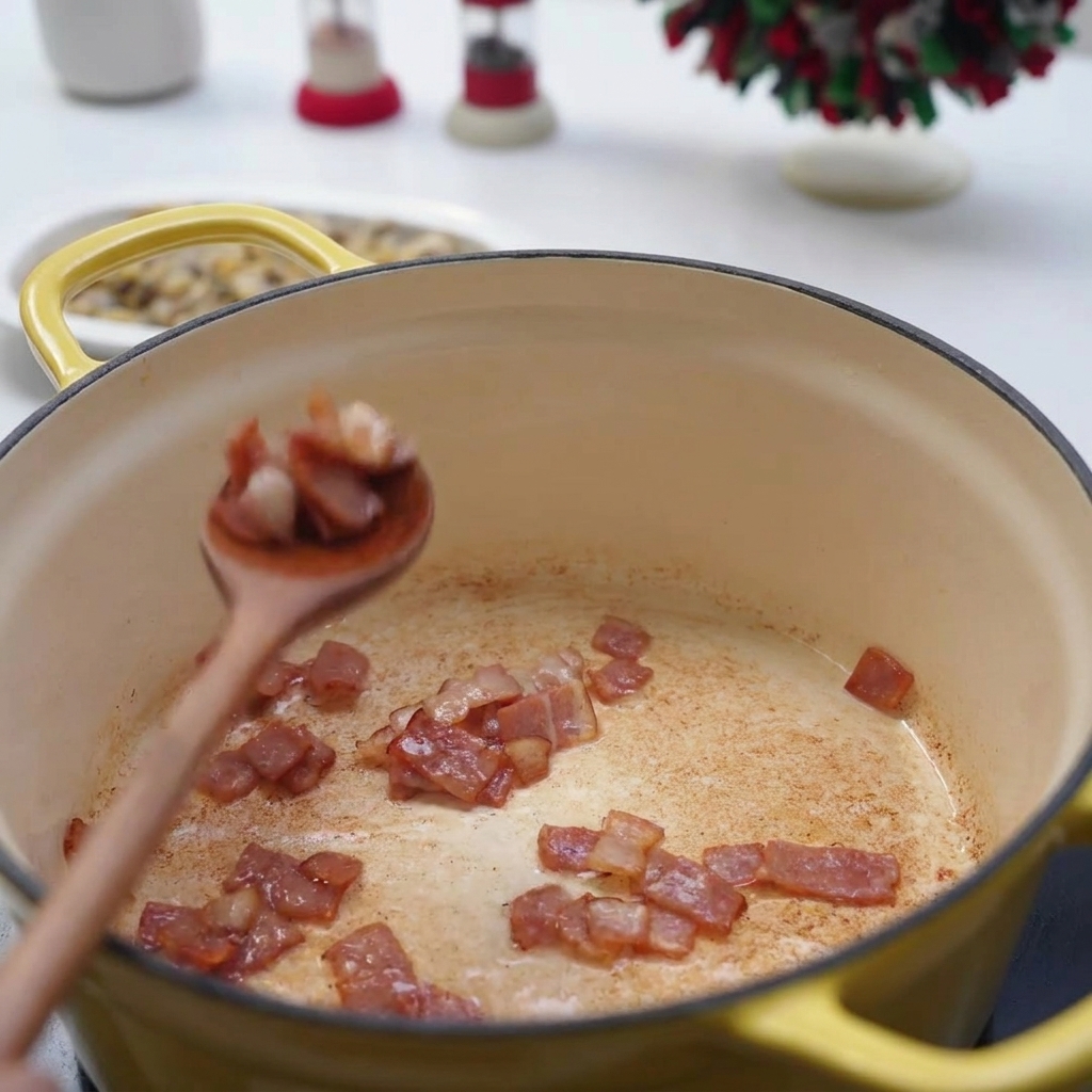 Una cuchara de madera retirando trozos de bacon crujiente de una olla amarilla, dejando parte del contenido.