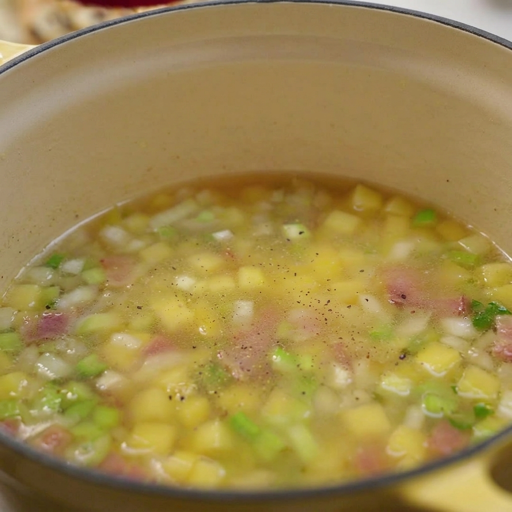 Caldo hirviendo con patatas, apio y bacon, con motas de pimienta negra recién molida en una olla amarilla.