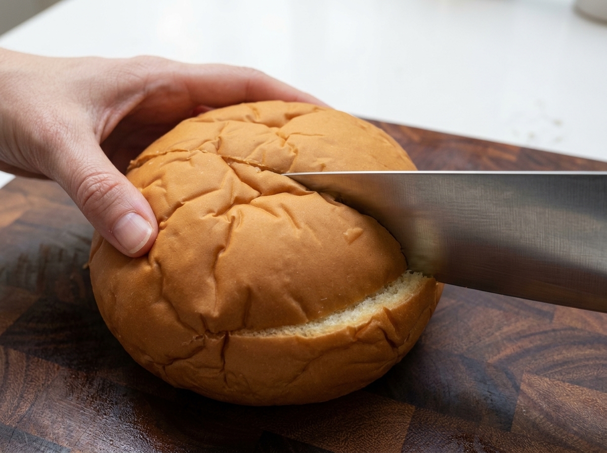 Una mano usando un cuchillo para cortar la parte superior de una hogaza de pan redondo sobre una tabla de madera.