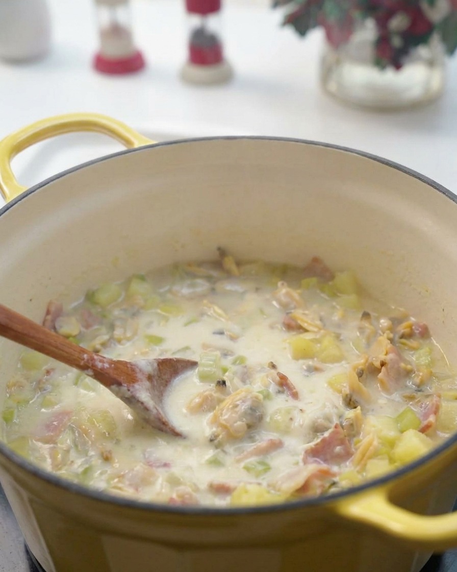 Una salsa blanca espesa y suave cayendo en chorro constante en la olla con la base de la sopa.