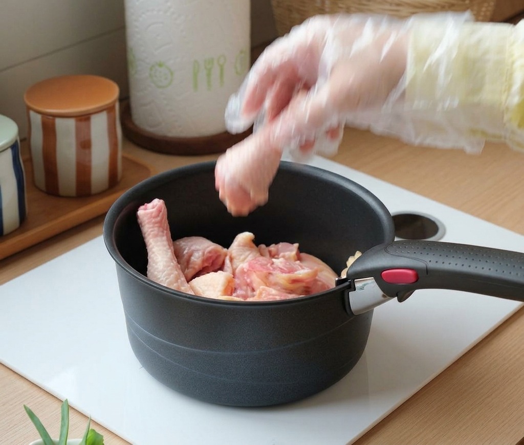 Una mano con guante colocando muslos de pollo crudos en una olla negra.