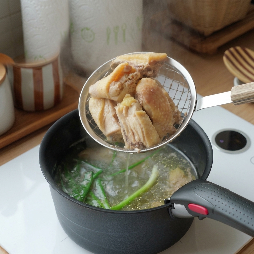 Un colador de malla metálica sacando trozos de pollo blanqueado de una olla con agua hirviendo.