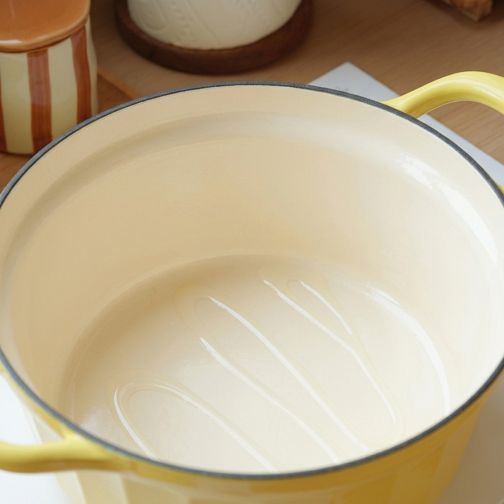 Una olla de hierro fundido amarilla calentándose con una fina capa de aceite en el fondo.
