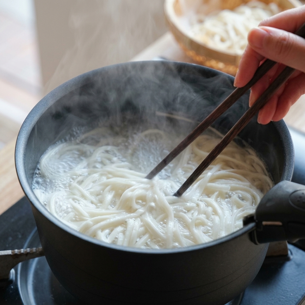 Fideos blancos hirviendo en una olla negra, removidos suavemente con palillos de madera.