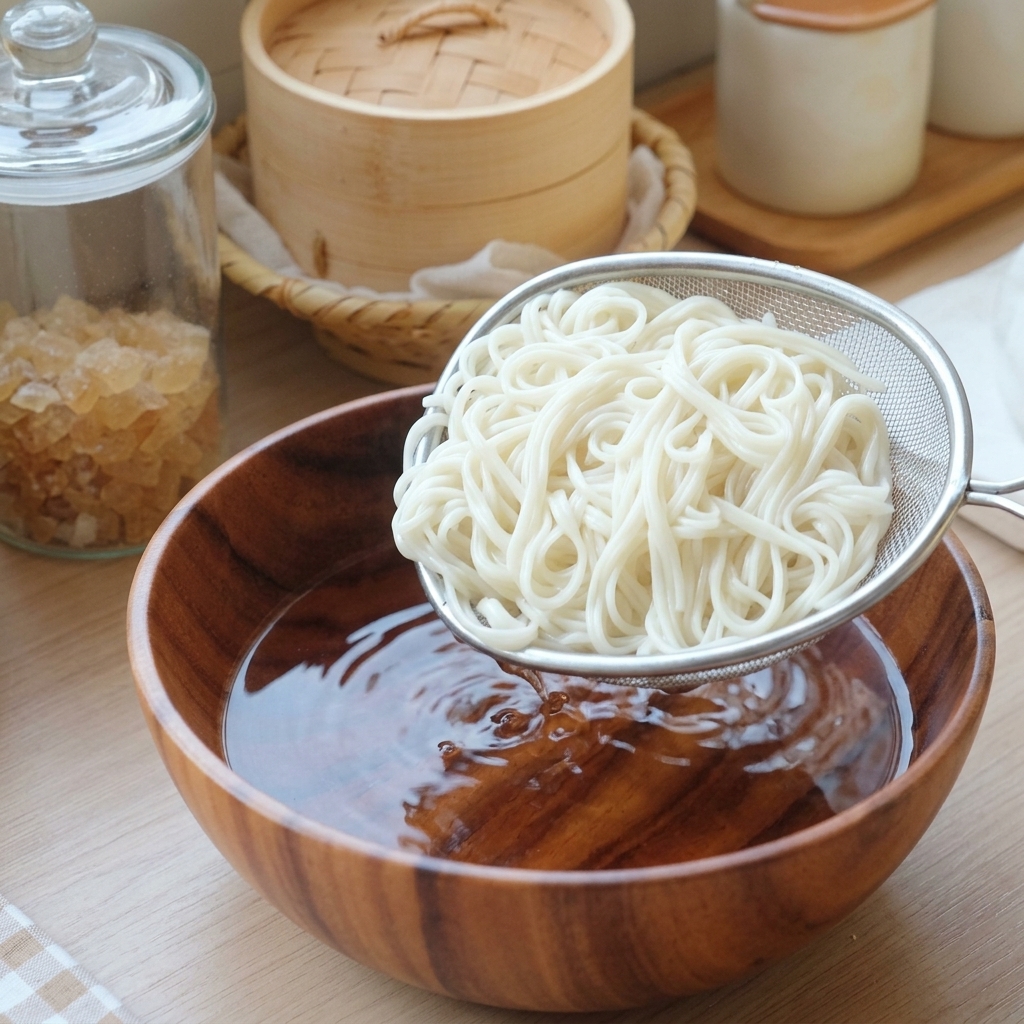 Fideos blancos cocidos siendo levantados del agua con un gran colador de malla metálica.