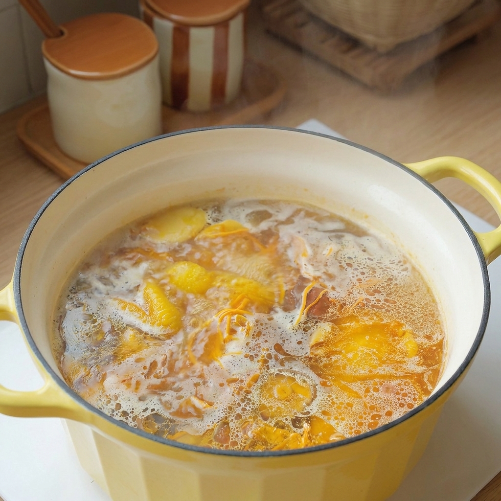 Caldo dorado de pollo y setas burbujeando en una olla de hierro amarilla.