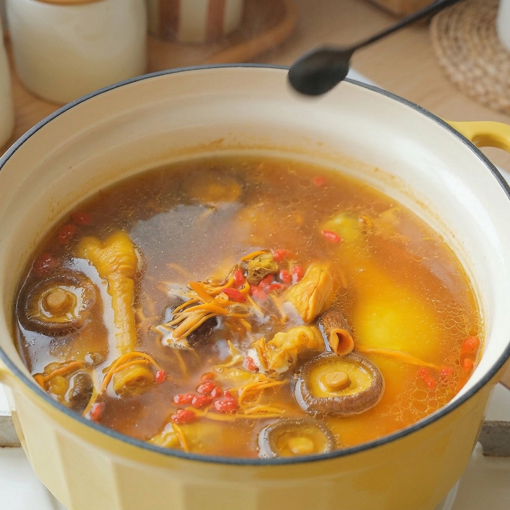 Una cuchara negra pequeña esparciendo sal blanca en la sopa dorada de pollo.