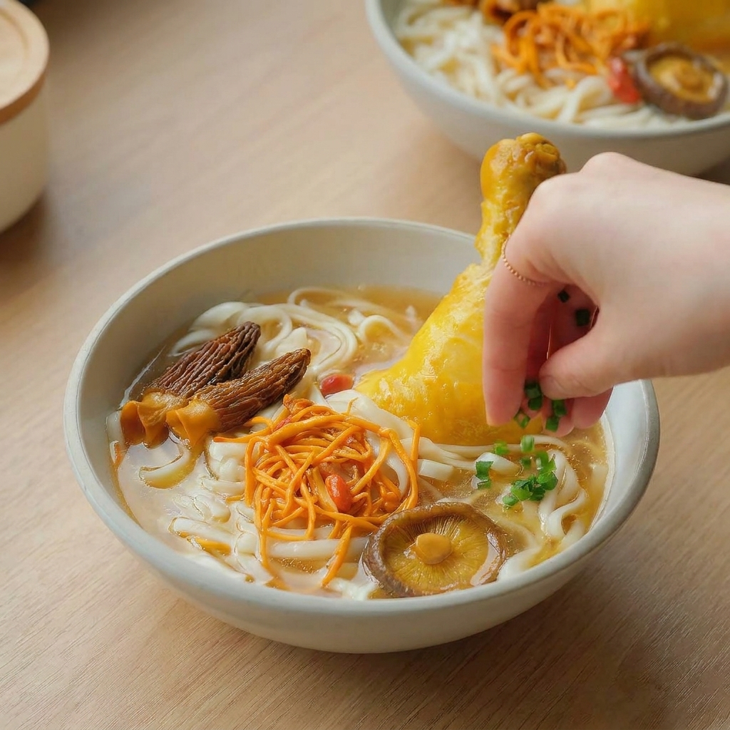 Una mano esparciendo cebollino verde picado sobre un cuenco humeante de sopa de pollo.