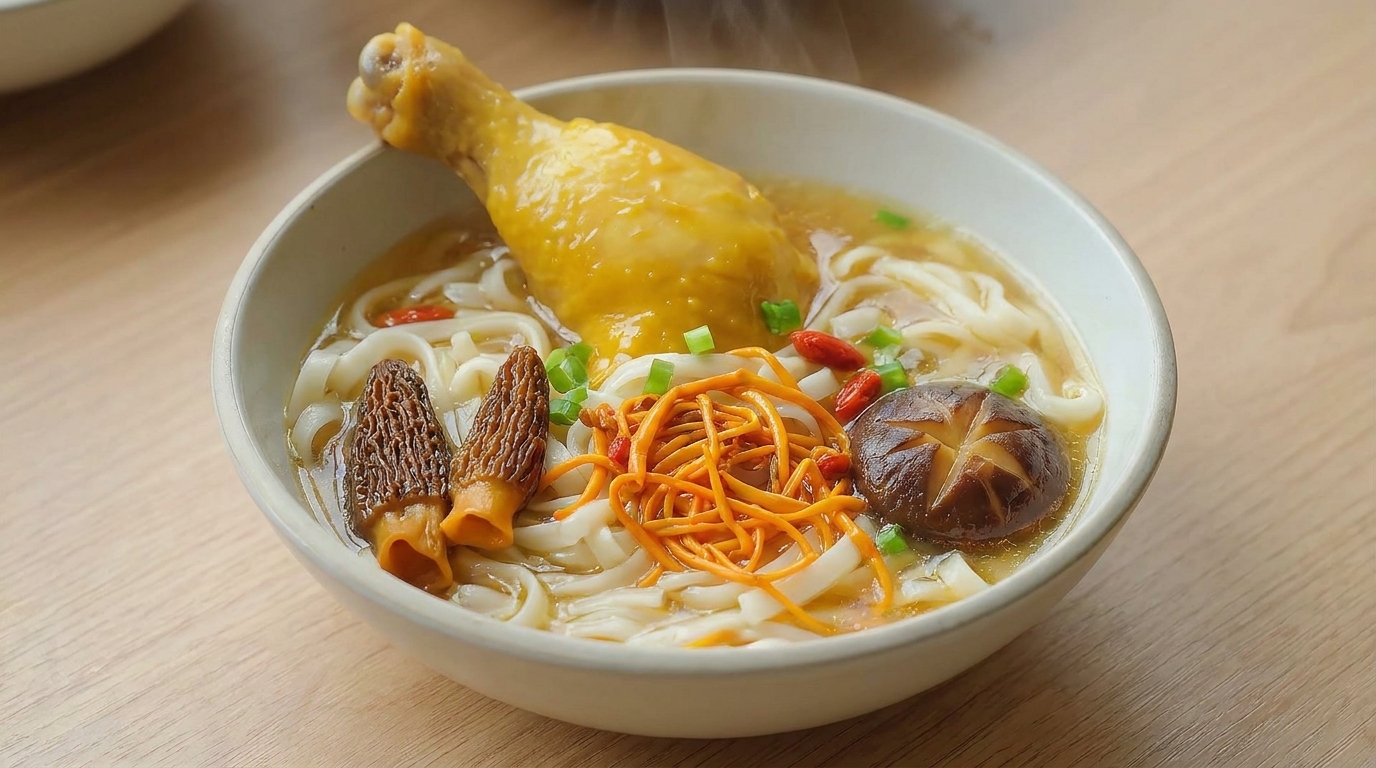 Sopa de fideos con pollo, colmenillas y flores de cordyceps