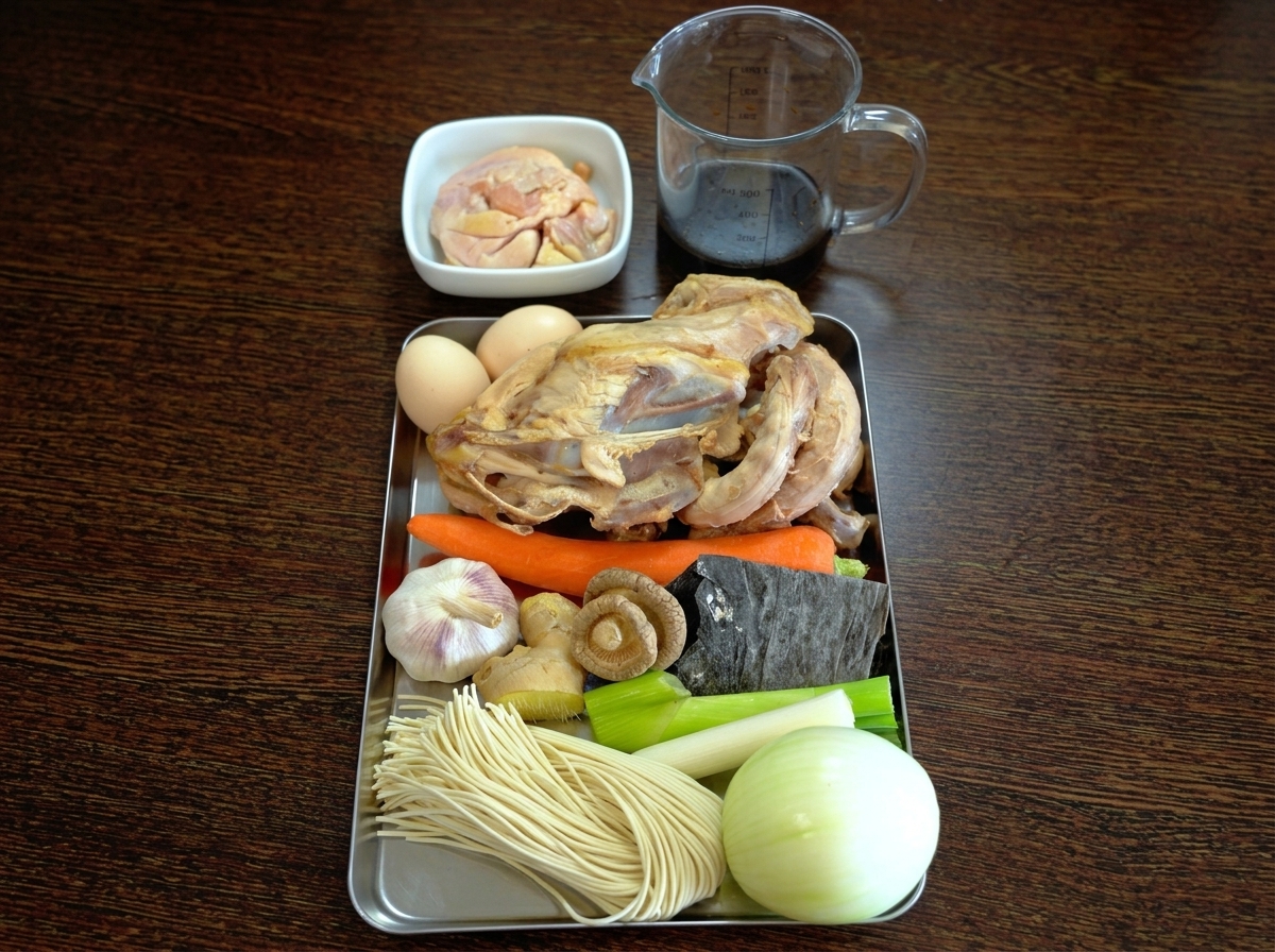 Una bandeja con carcasa de pollo, verduras, aromáticos, fideos frescos, huevos y salsa de soja.