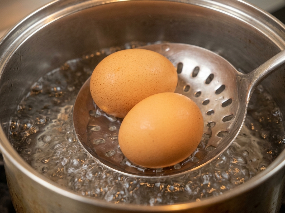 Dos huevos en una espumadera metálica sobre una olla con agua hirviendo.
