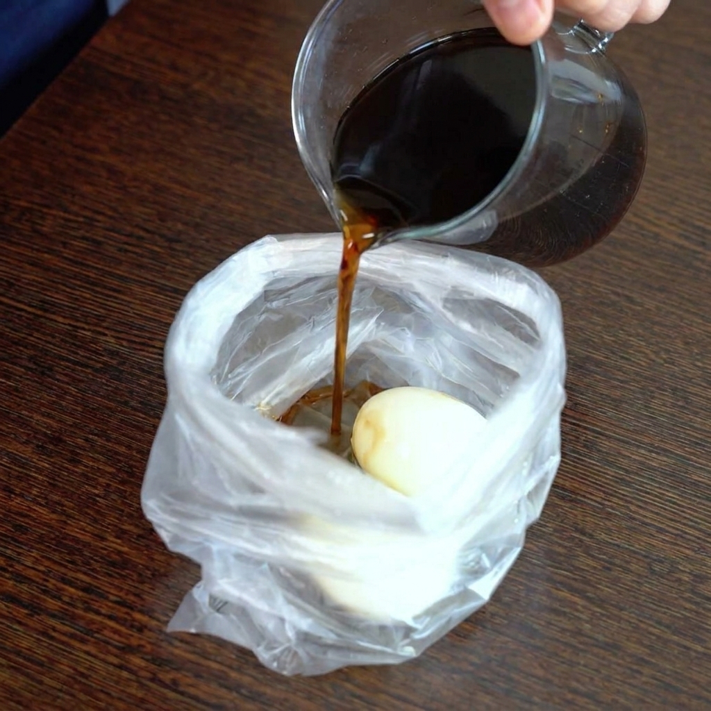 Marinado oscuro vertiéndose en una bolsa de plástico con dos huevos pelados.