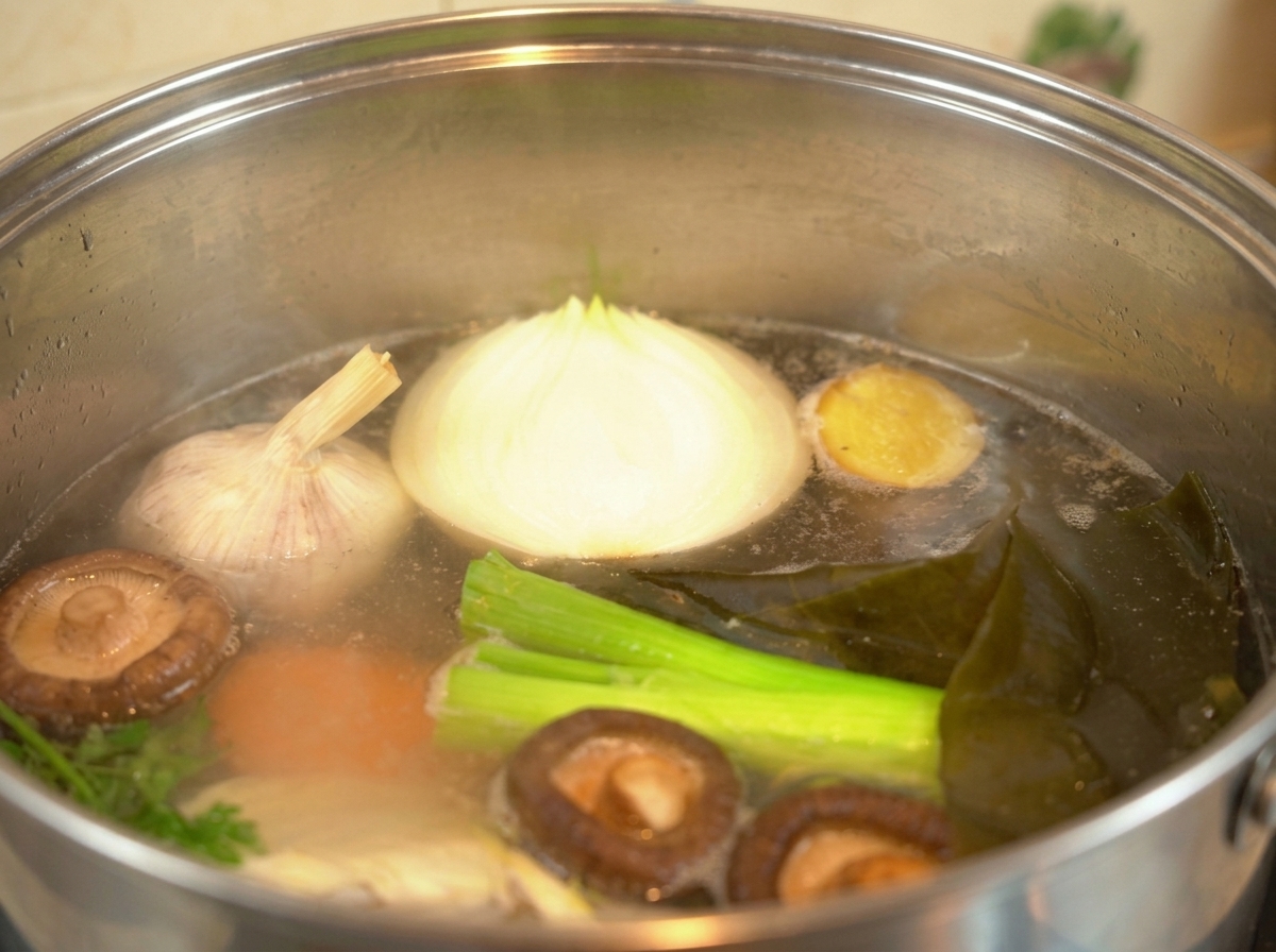 Olla de acero con caldo de pollo hirviendo suavemente con cebolla, shiitake y puerros.