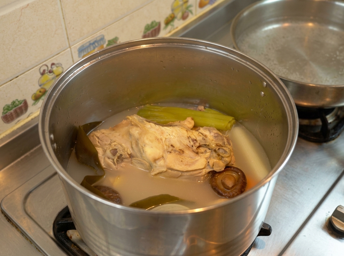 Olla con caldo de pollo reducido y concentrado con los vegetales.