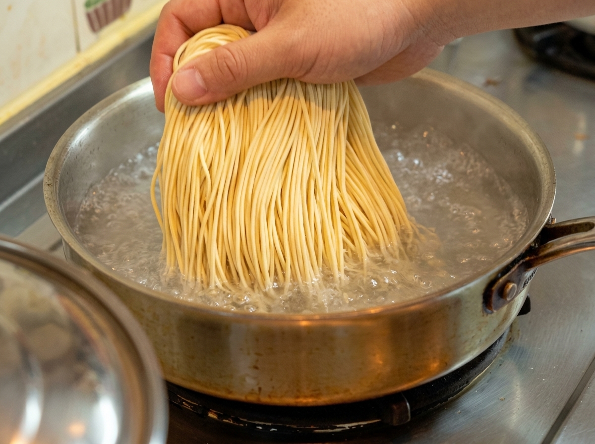 Una mano echando fideos ramen frescos en una olla con agua hirviendo.