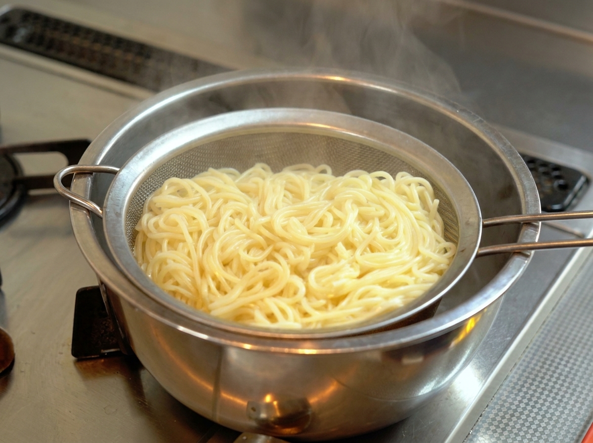 Fideos ramen escurriéndose en un colador metálico sobre el vapor.