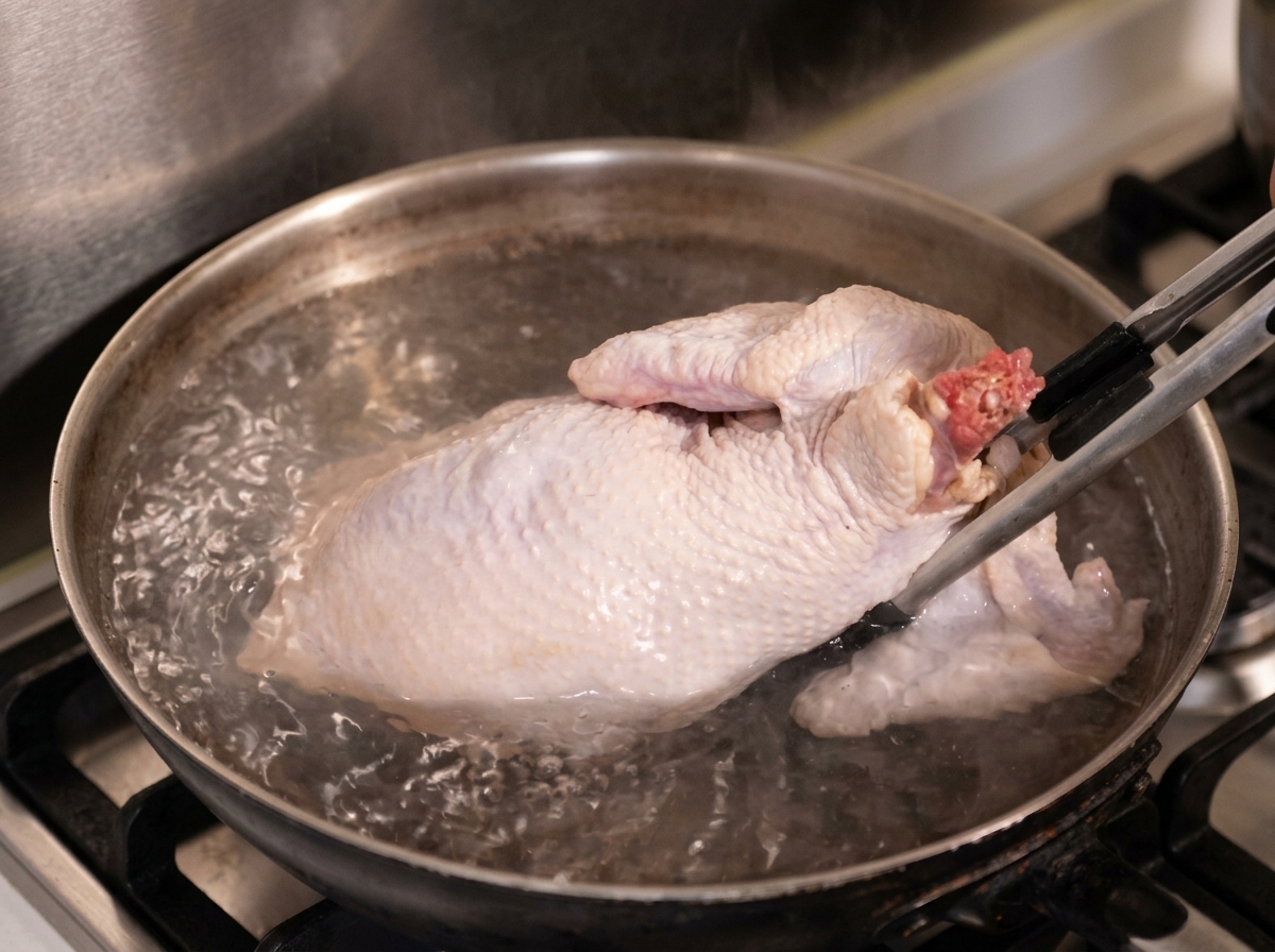 Un pollo entero siendo sumergido en una olla con agua hirviendo usando pinzas.