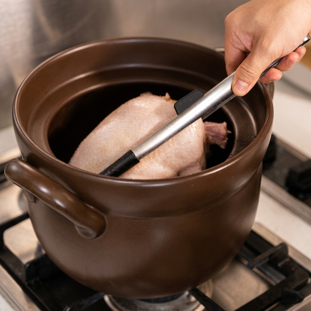 Una mano usando pinzas para colocar el pollo blanqueado en una olla de cerámica marrón.