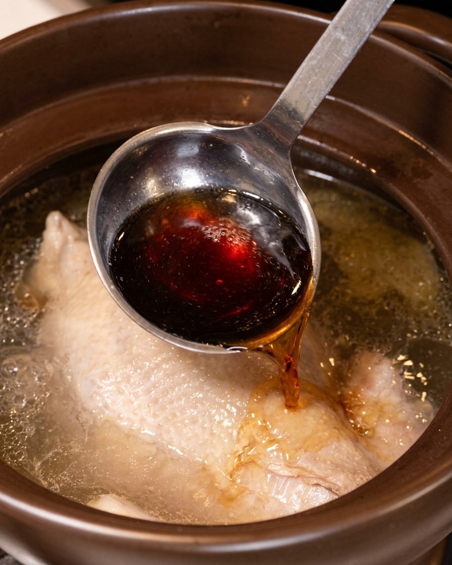 Vino de cocina vertido desde un cazo sobre el pollo que hierve suavemente.
