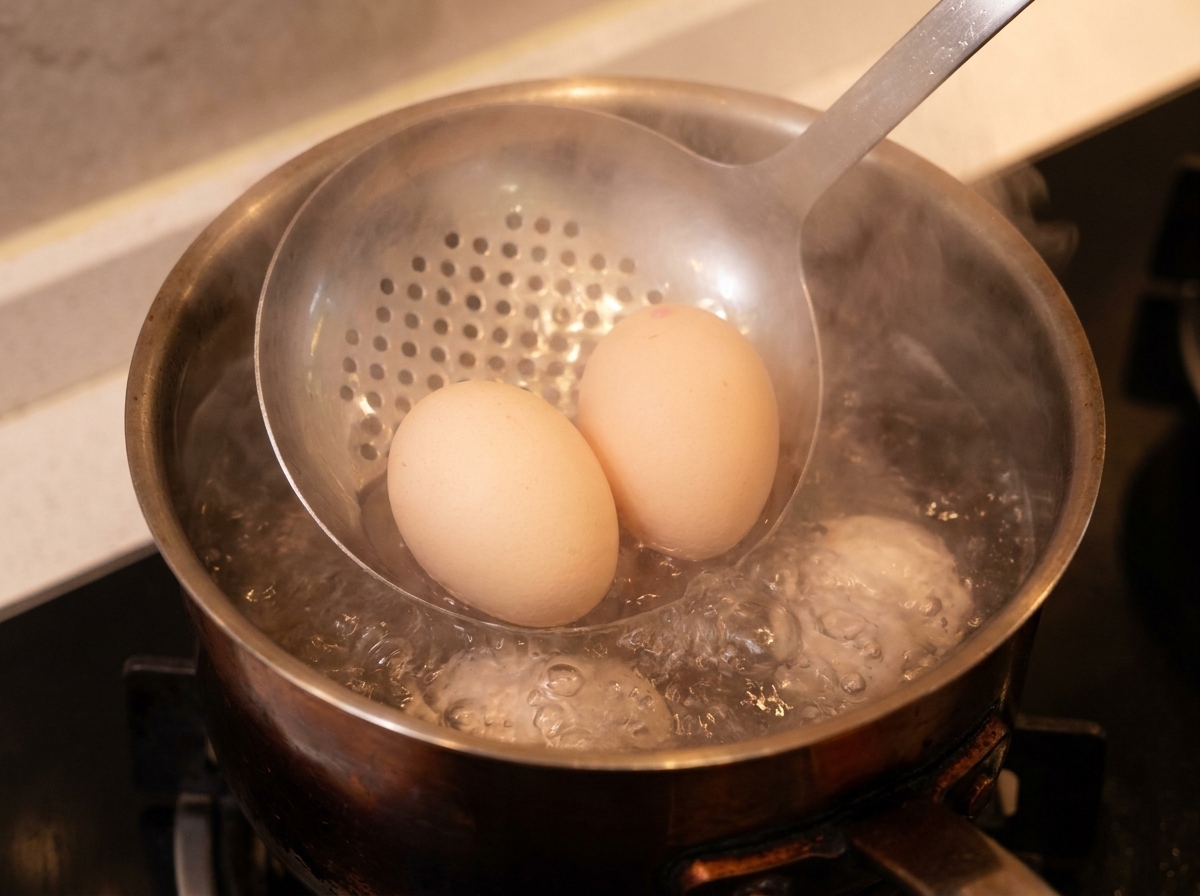 Una cuchara bajando dos huevos con cuidado al agua hirviendo.