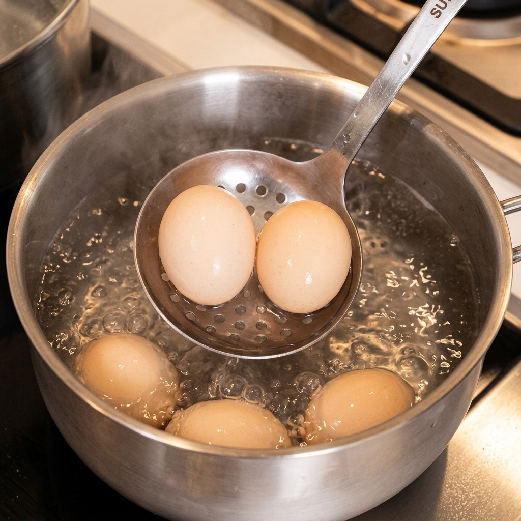 Retirando los huevos cocidos del agua caliente con una espumadera.