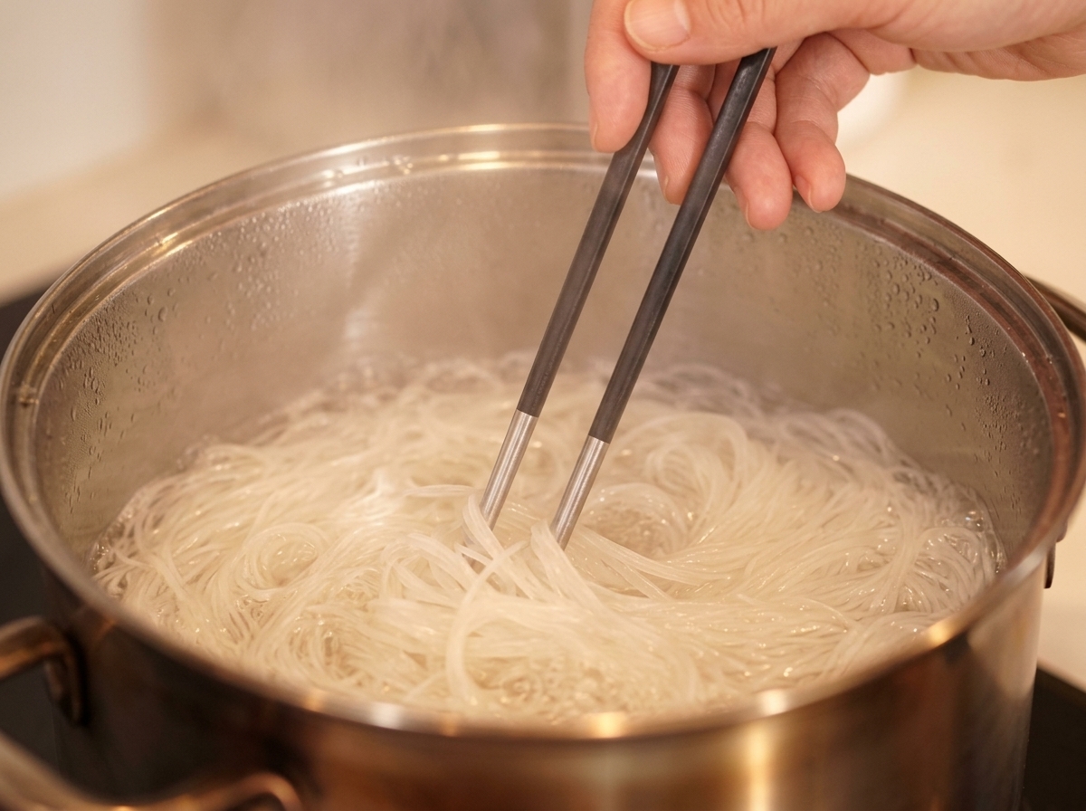 Removiendo fideos somen blancos en una olla de agua hirviendo con palillos.