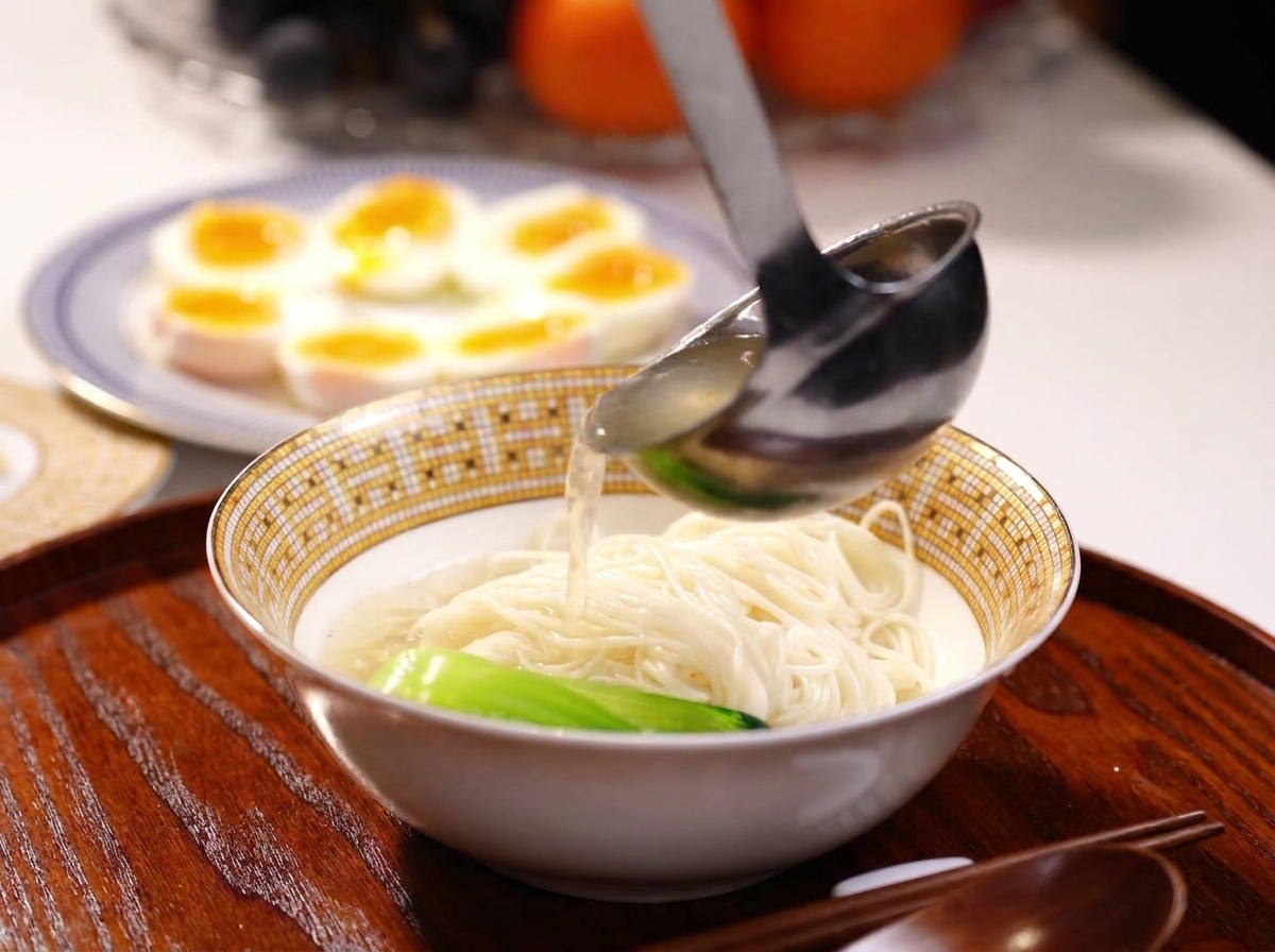 Virtiendo el caldo de pollo caliente sobre los fideos y el bok choy en un bol.