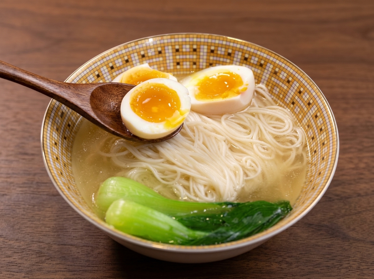 Colocando medio huevo de yema líquida sobre la sopa de pollo.