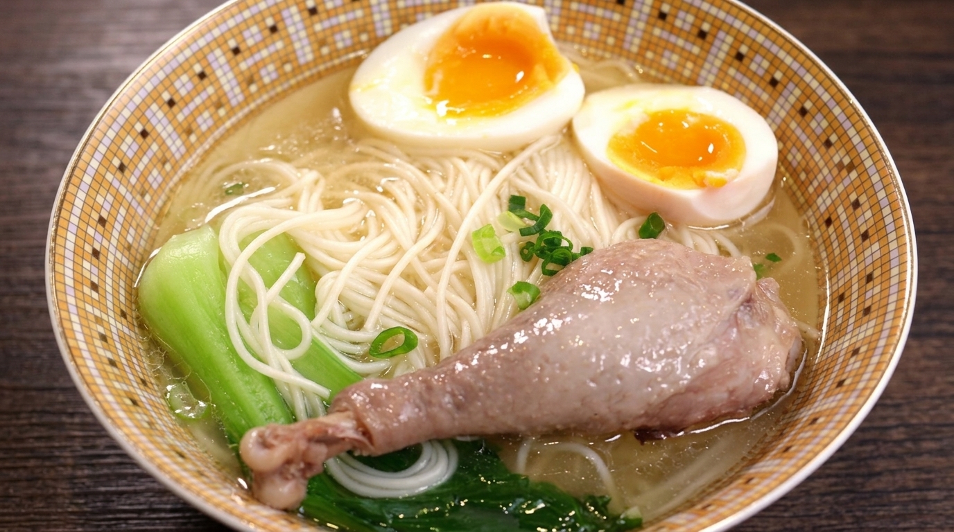 Un cuenco humeante de sopa de pollo con fideos somen, bok choy y un huevo cocido de yema líquida.
