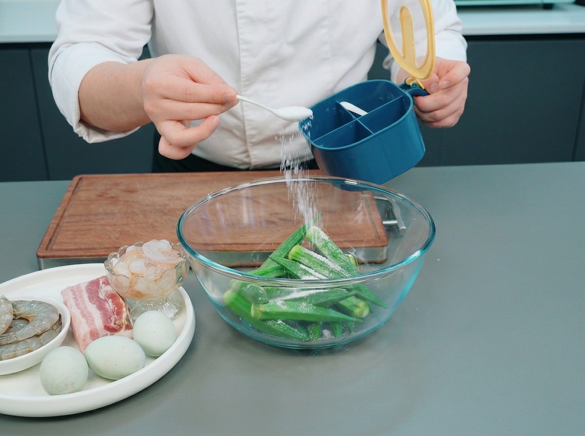 Un chef añadiendo una cucharada de sal blanca en un bol de cristal con okra fresca verde.