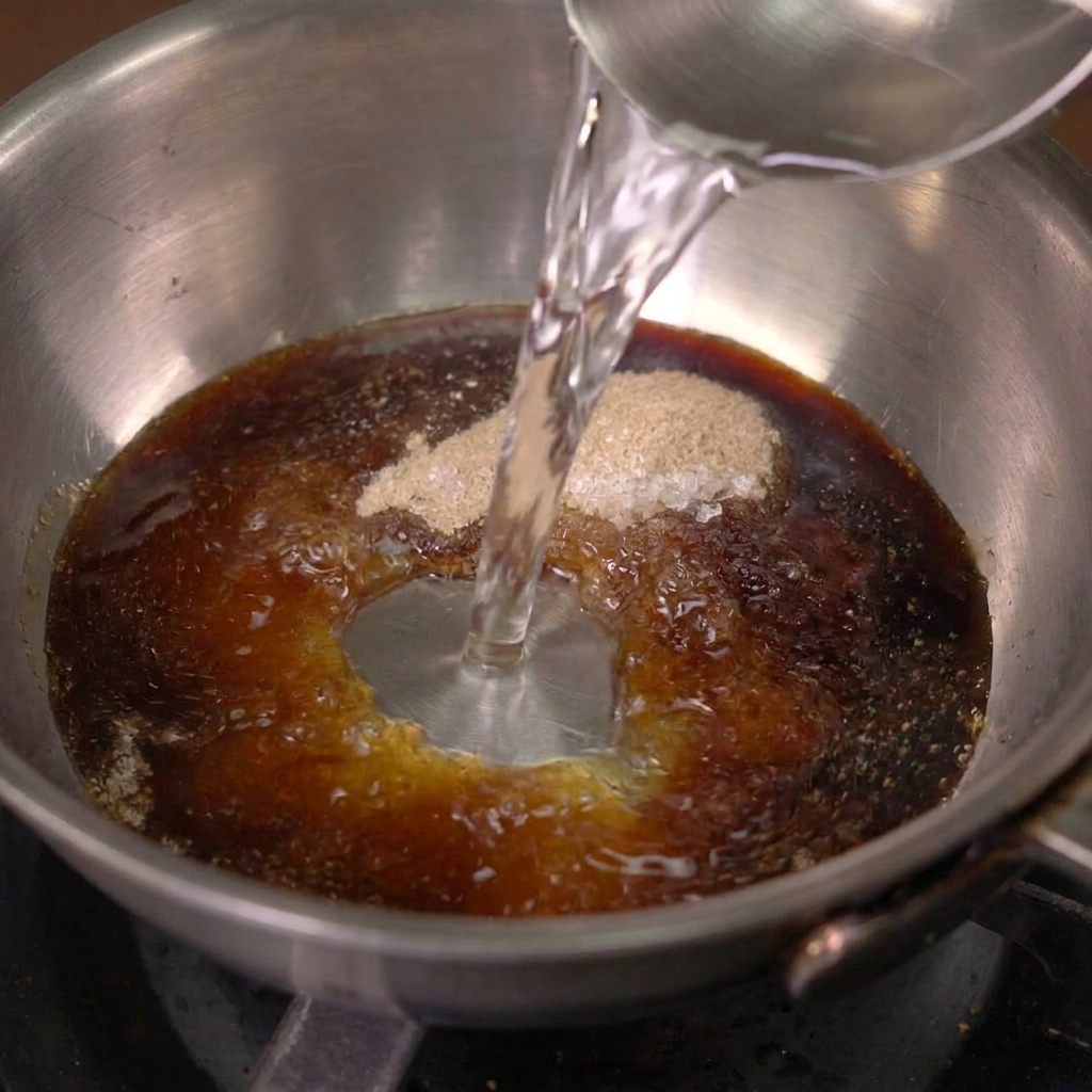 Agua clara vertiéndose en el cazo que contiene la soja, el azúcar y las especias.