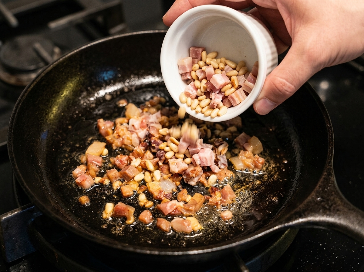Panceta picada y piñones vertidos en una sartén de hierro fundido para extraer la grasa.