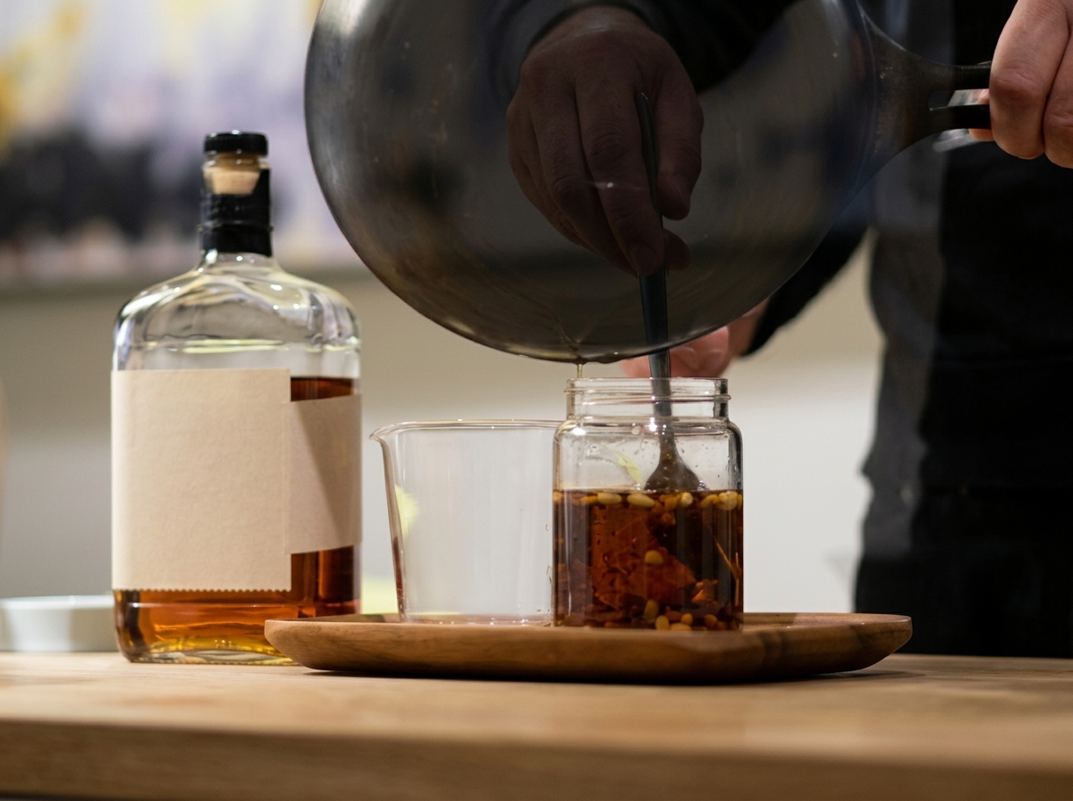 Vertiendo grasa de panceta caliente y piñones desde una sartén a un frasco con bourbon.