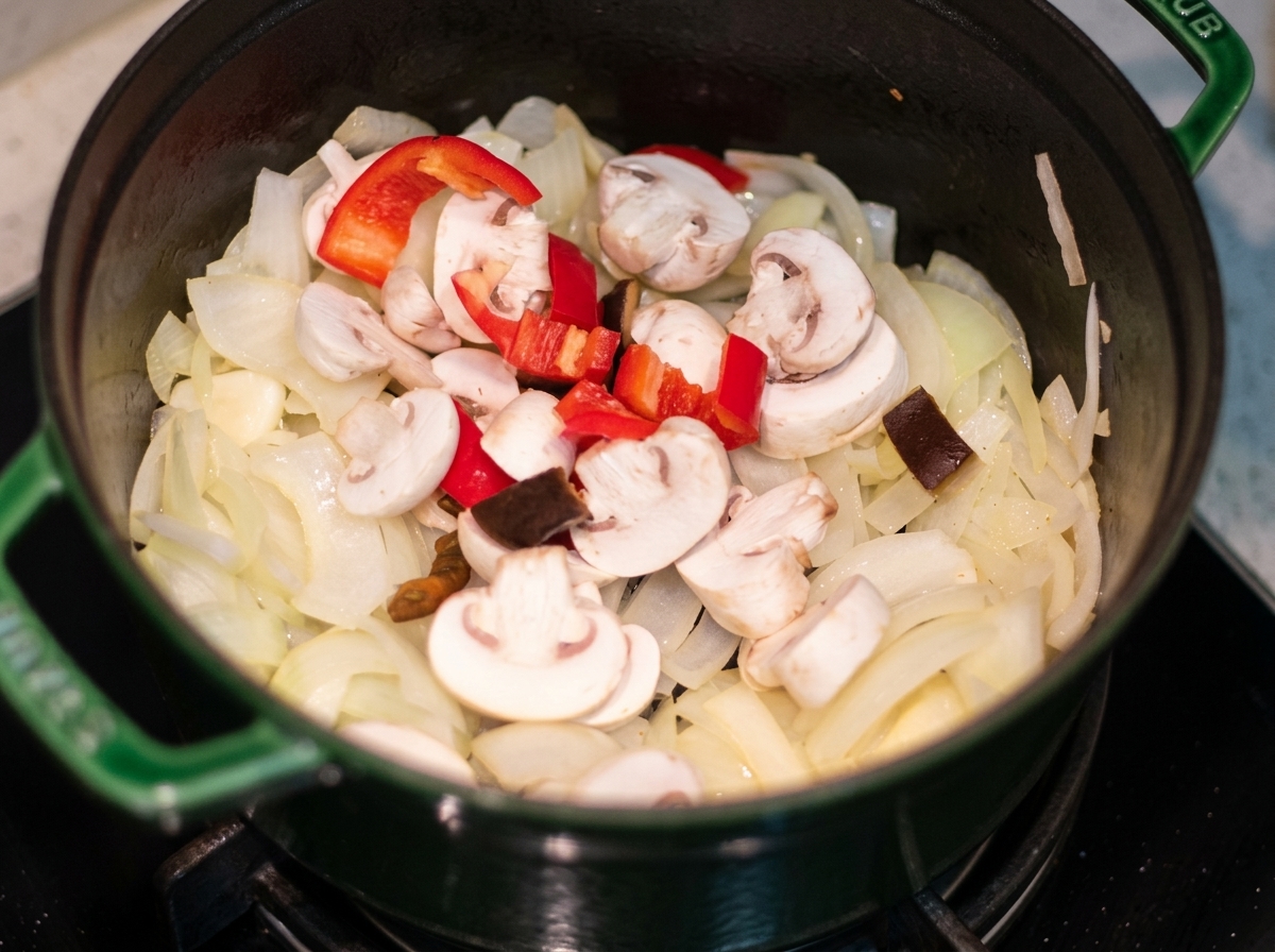 Champiñones laminados y pimientos rojos añadidos a la olla con cebollas sofritas.