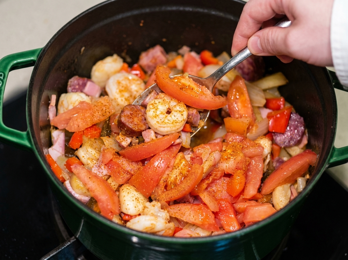 Una cuchara metálica mezclando tomates rojos y especias cajún en la olla con carnes y vegetales.