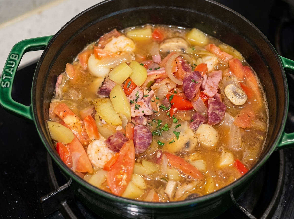 Olla de hierro fundido con camarones, patatas, tomates y carnes hirviendo en un caldo aromático.